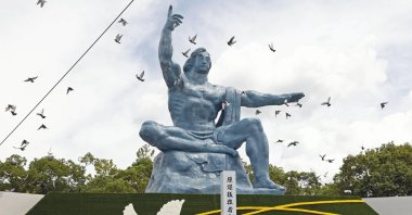 The Peace Statue during a ceremony to mark the 77th anniversary of the U.S. atomic bombing, Nagasaki, southern Japan, Aug. 9, 2022. (AP Photo)
