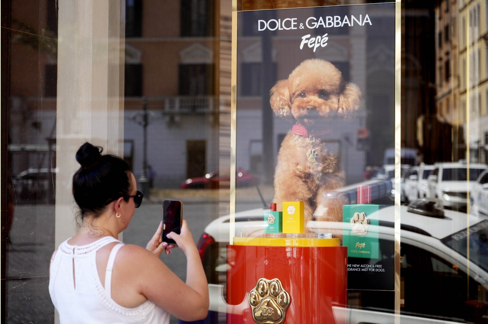 The new Dolce &amp; Gabbana dog perfume called "Fefe" in honor of Domenico Dolce's dog and released earlier this month is displayed on the shop window of the fashion's brand boutique, Rome, Italy, Aug. 6, 2024. (AP Photo)