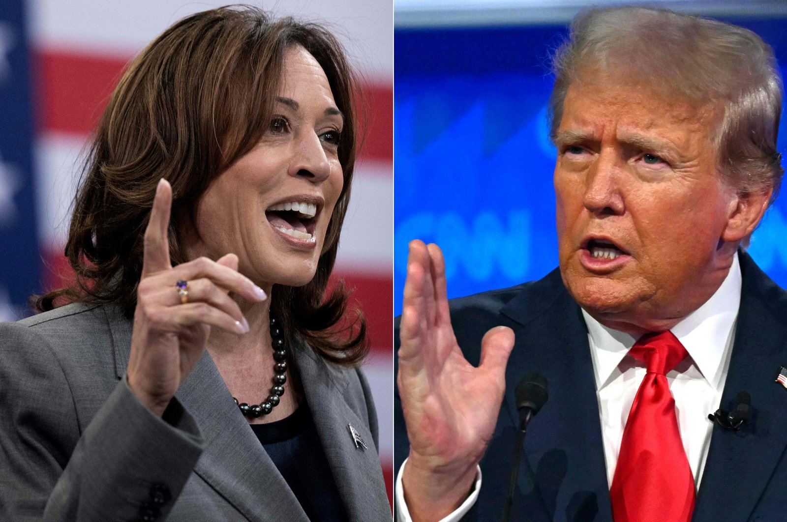 This combination of file pictures created on Aug. 3, 2024, shows U.S. Vice President and 2024 Democratic presidential candidate Kamala Harris speaking in Raleigh, North Carolina, March 26, 2024; and former U.S. President and Republican presidential candidate Donald Trump speaking in the first presidential debate with U.S. President Joe Biden in Atlanta, Georgia, June 27, 2024. (AFP Photo)