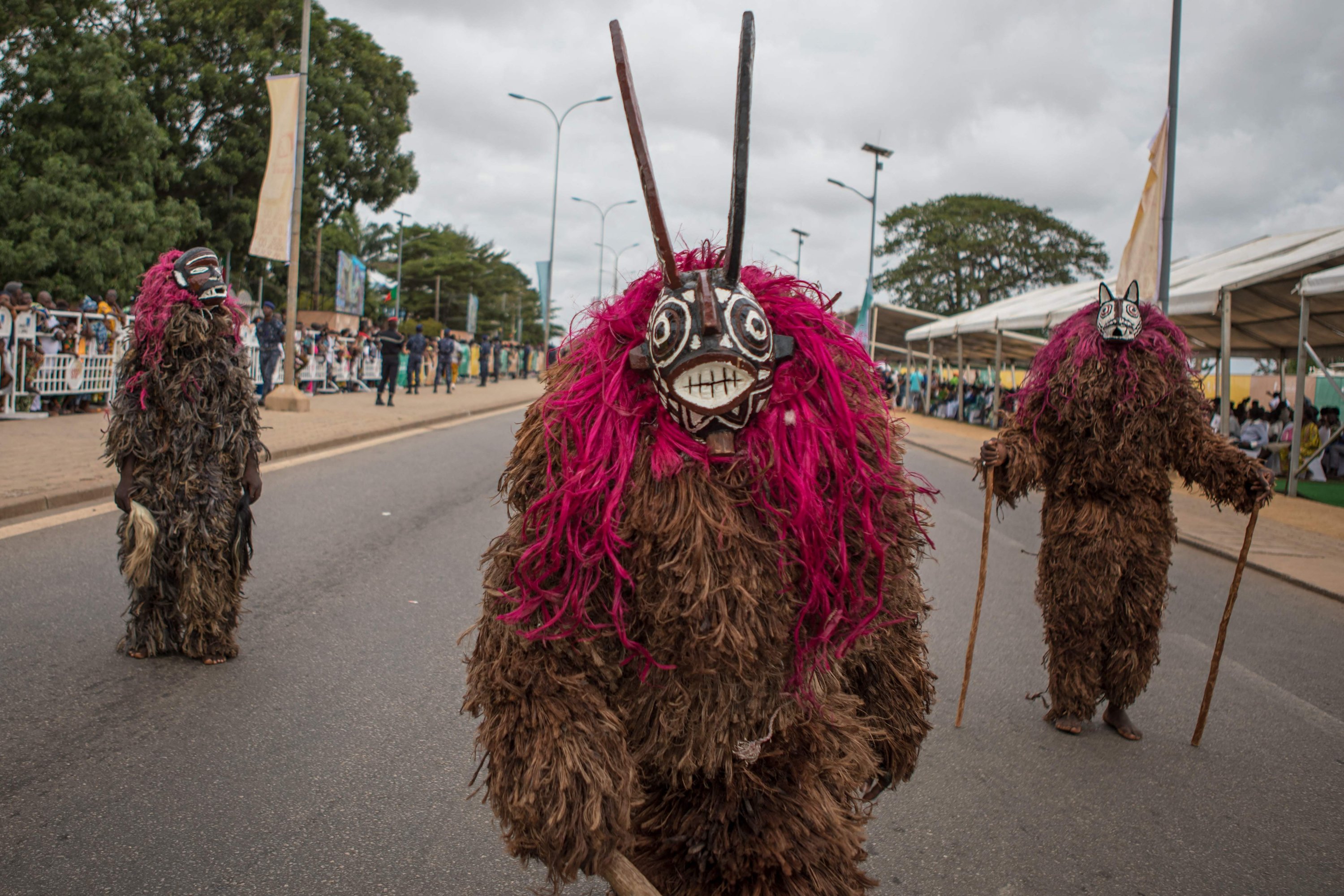 Masks from Burkina Faso parade during the grand procession of traditional masks, Porto-Novo, Benin, Aug. 4, 2024. (AFP Photo)