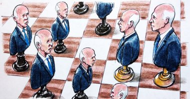 The illustration shows Kais Saied, the president of Tunisia, on a chessboard. (Illustration by Erhan Yalvaç)