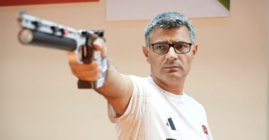 Turkish Olympic shooter Yusuf Dikeç trains following his return from Paris, Ankara, Türkiye, Aug. 9, 2024. (IHA Photo)