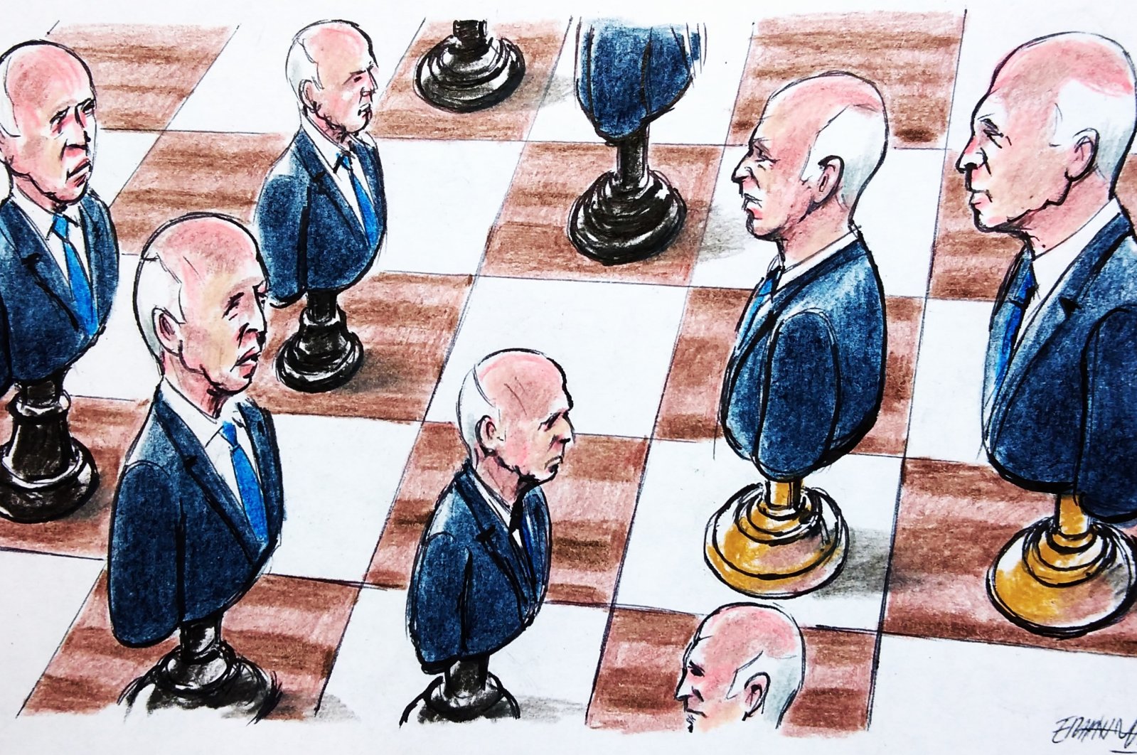 The illustration shows Kais Saied, the president of Tunisia, on a chessboard. (Illustration by Erhan Yalvaç)