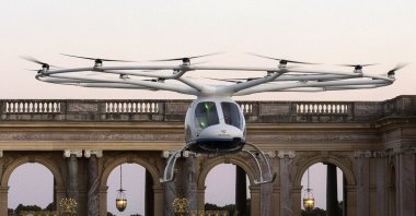 The VoloCity takes off for a test flight at the Trianon, Versailles, Paris, France, Aug. 11, 2024. (EPA Photo)