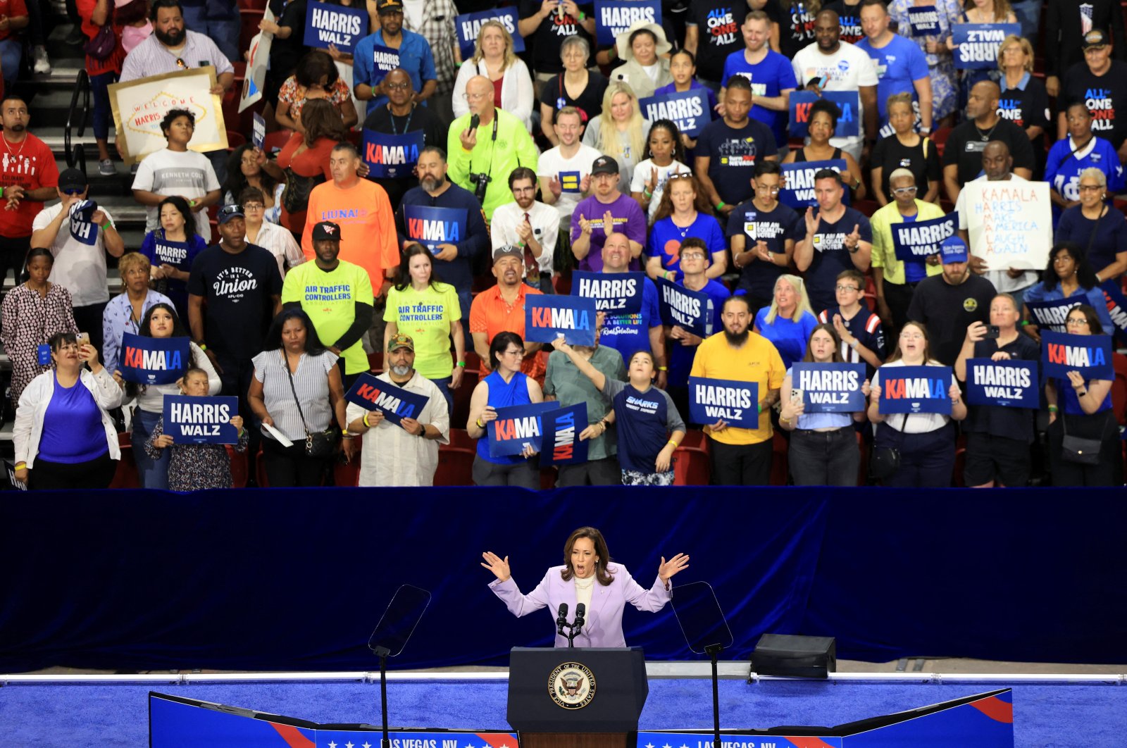 Democratic presidential candidate and U.S. Vice President Kamala Harris speaks at a campaign event at UNLV (University of Nevada, Las Vegas), Las Vegas, Nevada, U.S., Aug. 10, 2024. (Reuters Photo)