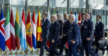 Defense Minister Yaşar Güler (C) arrives at the NATO headquarters on the first day of the NATO defense ministers&#039; meeting, Brussels, Belgium, June 13, 2024. (Getty Images)