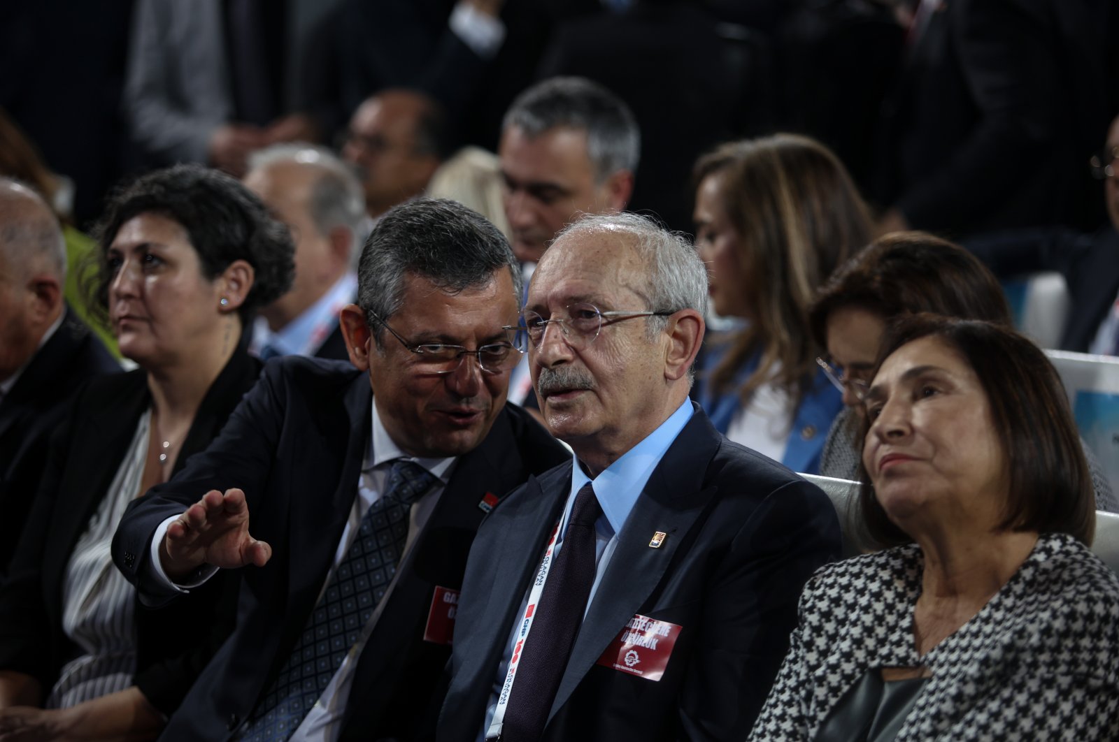 Republican People&#039;s Party (CHP) Manisa deputy Özgür Özel (L) and CHP Chairperson Kemal Kılıçdaroğlu (C), who are competing for the party leadership, speak at a party congress in Ankara, Türkiye, Nov. 4, 2023. (Getty Images Photo)