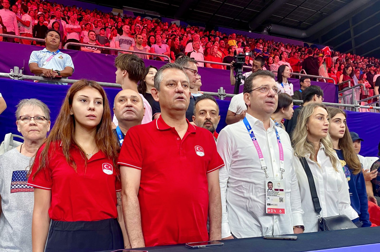 Istanbul Mayor Ekrem Imamoğlu (3rd R) and CHP Chair (2nd L) attend the 2024 Paris Olympics quarterfinals match between Türkiye and China, Paris, France, Aug. 6, 2024. (AA Photo)