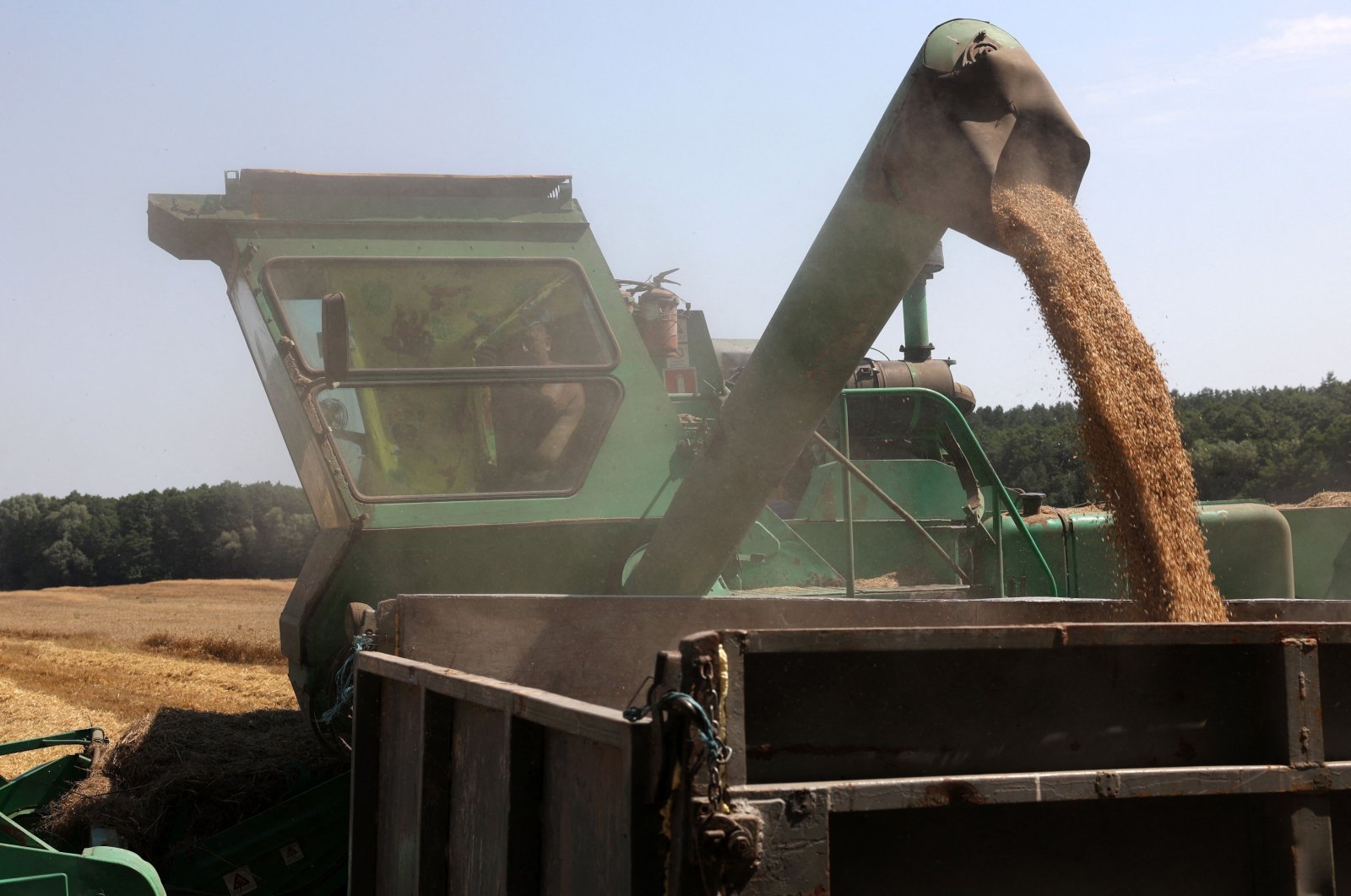 A combine loads grain into a truck during a wheat harvest in a field in the Kyiv region, Ukraine, July 16, 2024. (AFP Photo)