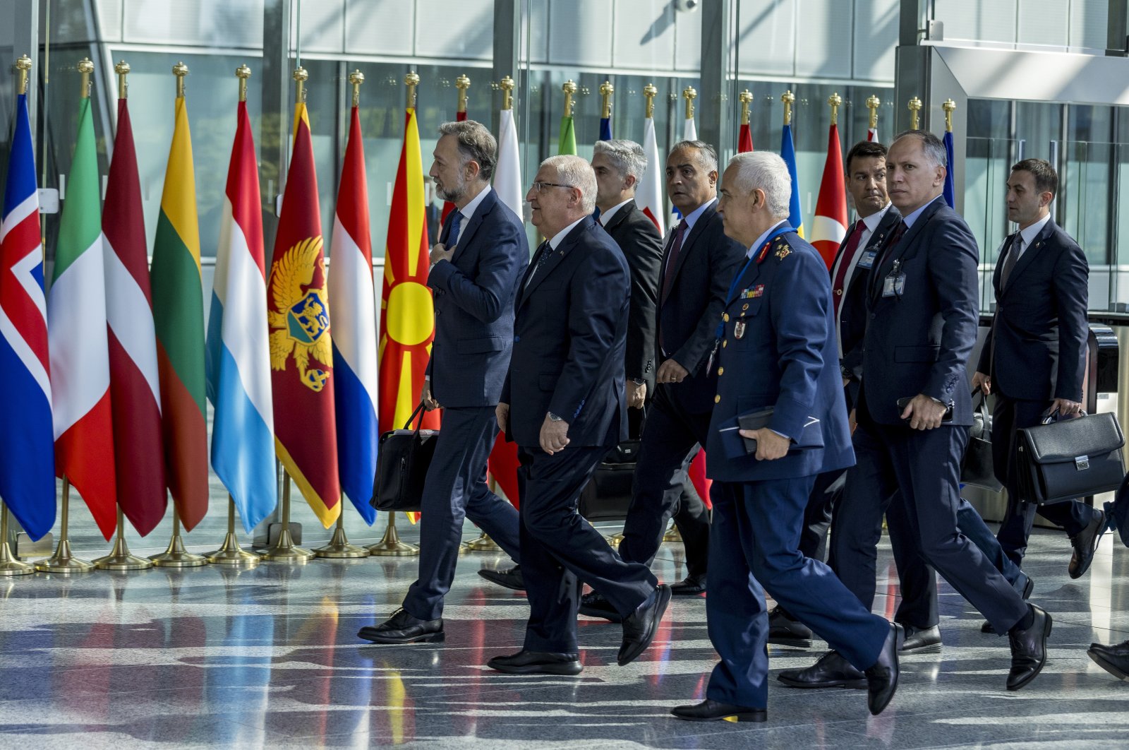 Defense Minister Yaşar Güler (C) arrives at the NATO headquarters on the first day of the NATO defense ministers&#039; meeting, Brussels, Belgium, June 13, 2024. (Getty Images)