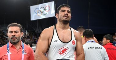 Wrestler Taha Akgül after the Paris 2024 Olympics men's 125 kg. wrestling freestyle third-place match against Kyrgyzstan's Aiaal Lazarev, Paris, France, Aug. 11, 2024. (AA Photo)