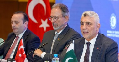 Trade Minister Ömer Bolat (R) speaks at a meeting with Pakistani officials during his recent visit to Pakistan, Islamabad, Pakistan, Aug. 8, 2024. (IHA Photo)