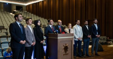 Justice and Development Party (AK Party) Deputy Chair Hamza Dağ, flanked by other deputies, speaks at a news conference at the party's Congress Center, in the capital Ankara, Türkiye, Aug. 13, 2024. (AA Photo)