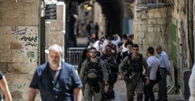 Israeli security forces are seen around the Al-Aqsa Mosque Compound as far-right Jewish settlers storm the compound in East Jerusalem, Aug. 13, 2024. (AA Photo)