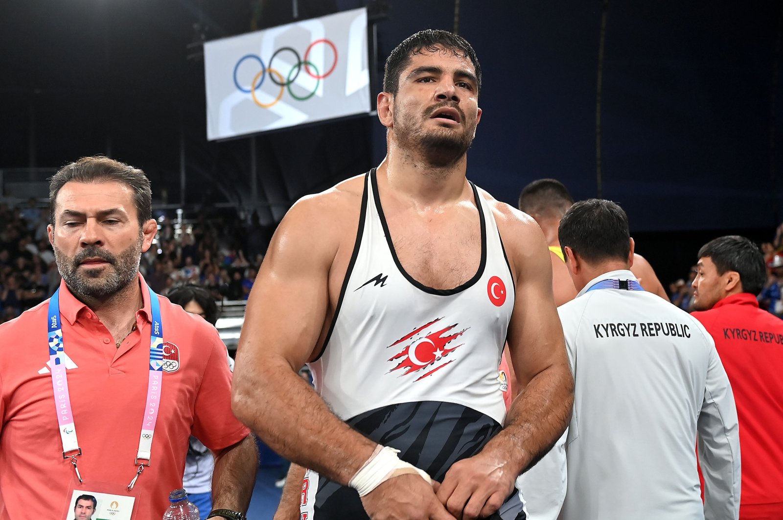 Wrestler Taha Akgül after the Paris 2024 Olympics men&#039;s 125 kg. wrestling freestyle third-place match against Kyrgyzstan&#039;s Aiaal Lazarev, Paris, France, Aug. 11, 2024. (AA Photo)