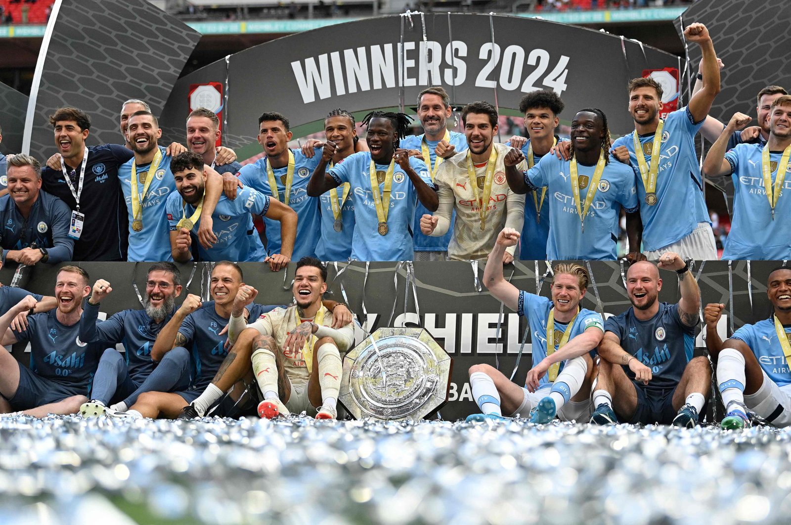 Manchester City players celebrate after winning the English FA Community Shield trophy against Manchester United at Wembley Stadium, London, U.K., Aug. 10, 2024. (AFP Photo)