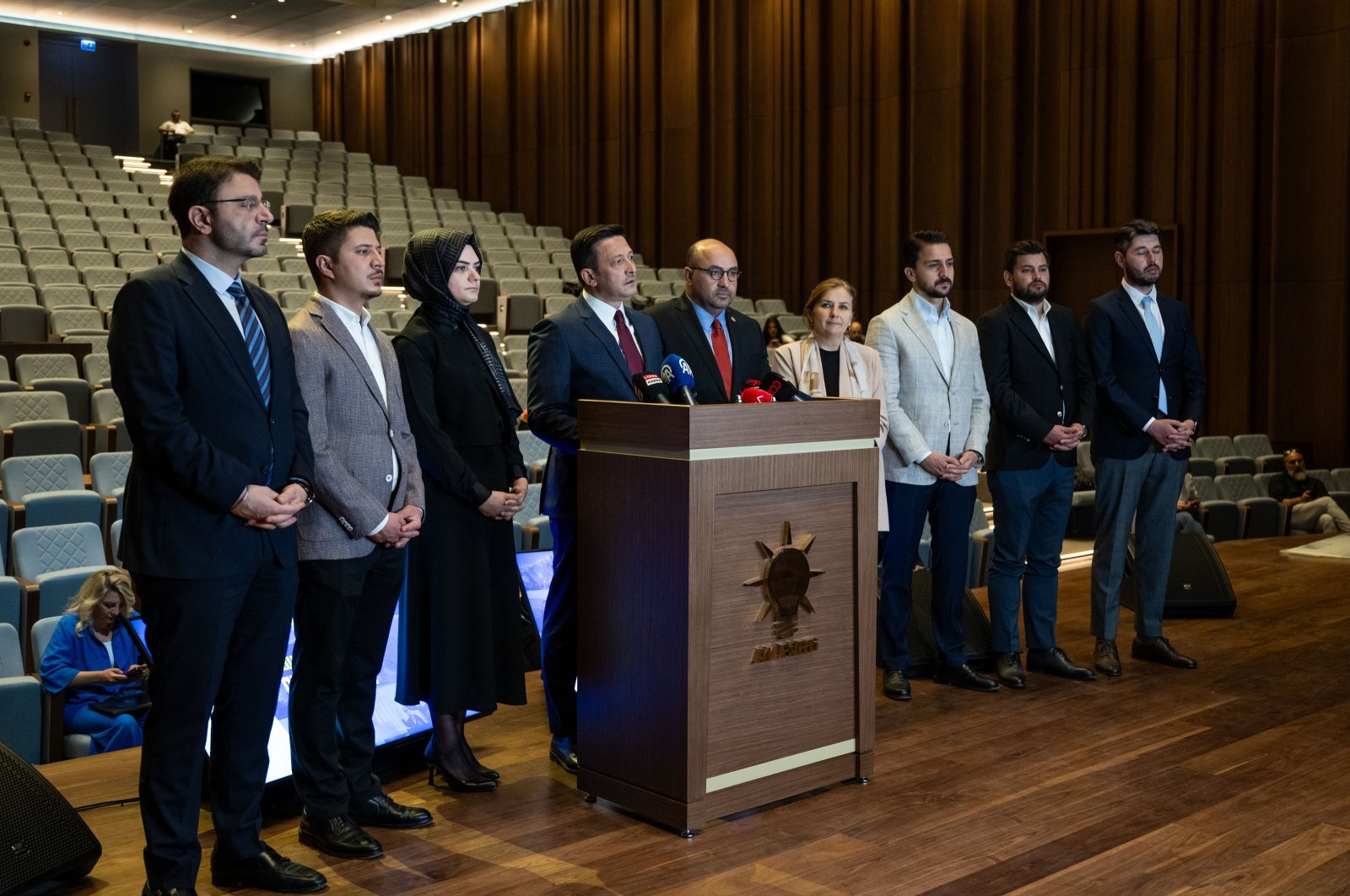 Justice and Development Party (AK Party) Deputy Chair Hamza Dağ, flanked by other deputies, speaks at a news conference at the party&#039;s Congress Center, in the capital Ankara, Türkiye, Aug. 13, 2024. (AA Photo)