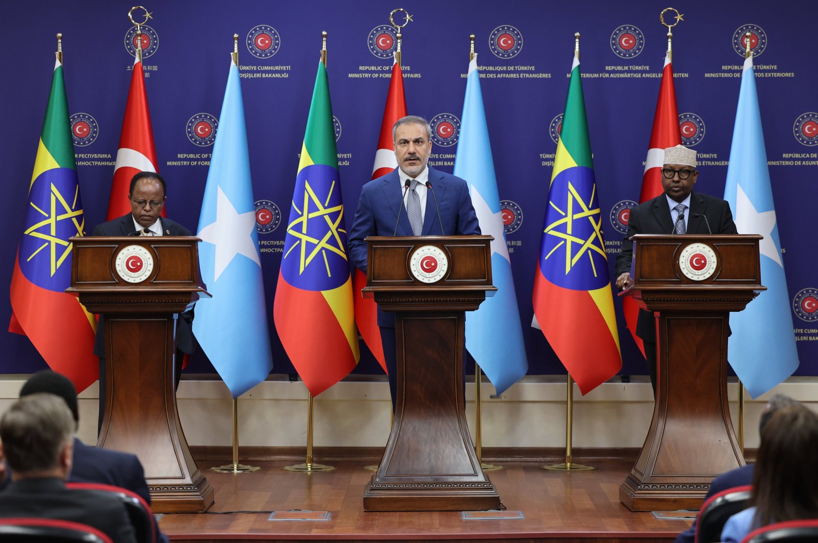 Foreign Minister Hakan Fidan attends a joint news conference with Somali and Ethiopian counterparts in Ankara, Aug. 13, 2024. (AA Photo)