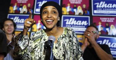 Rep. Ilhan Omar speaks after winning the primary at Nighthawks in Minneapolis, Minnesota, U.S., Aug. 13, 2024. (AP Photo)