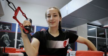 Turkish arm wrestler Emine Hatun Cebeci trains ahead of the Moldova World Arm Wrestling Championships, Istanbul, Türkiye, Aug. 11, 2024. (AA Photo)