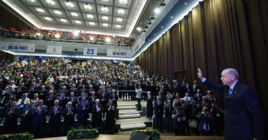President Recep Tayyip Erdoğan greets the audience at the AK Party anniversary event in the capital Ankara, Türkiye, Aug. 14, 2024. (AA Photo)