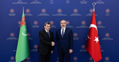 Foreign Minister Hakan Fidan (R) shakes hands with Turkmenistan's Foreign Minister Rashid Meredov, Ankara, Türkiye, Aug. 14, 2024. (İHA Photo)
