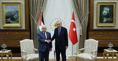 President Recep Tayyip Erdoğan and Palestinian President Mahmoud Abbas shake hands at the Presidential Complex in Ankara, Aug. 14, 2024. (AA Photo)