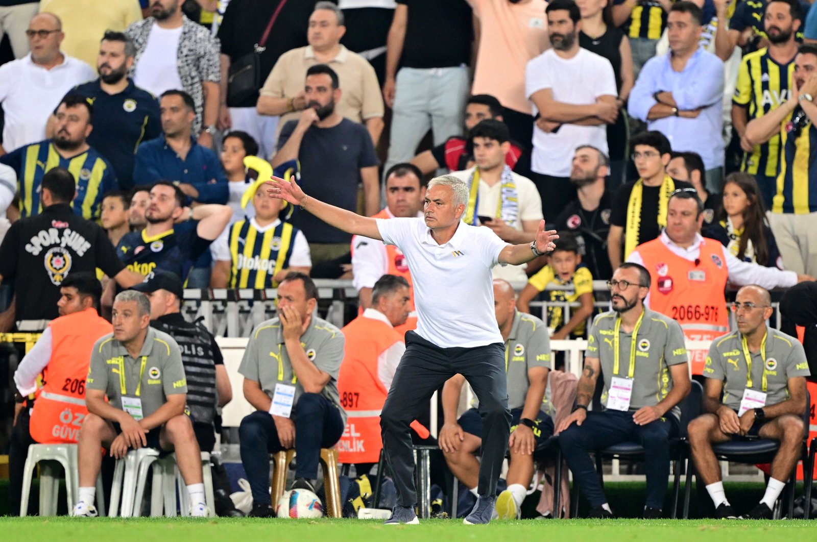 Fenerbahçe coach Jose Mourinho reacts during the UEFA Champions League 3rd round qualifiers match against Lille at Ülker Stadium, Istanbul, Türkiye, Aug. 13, 2024. (AA Photo)