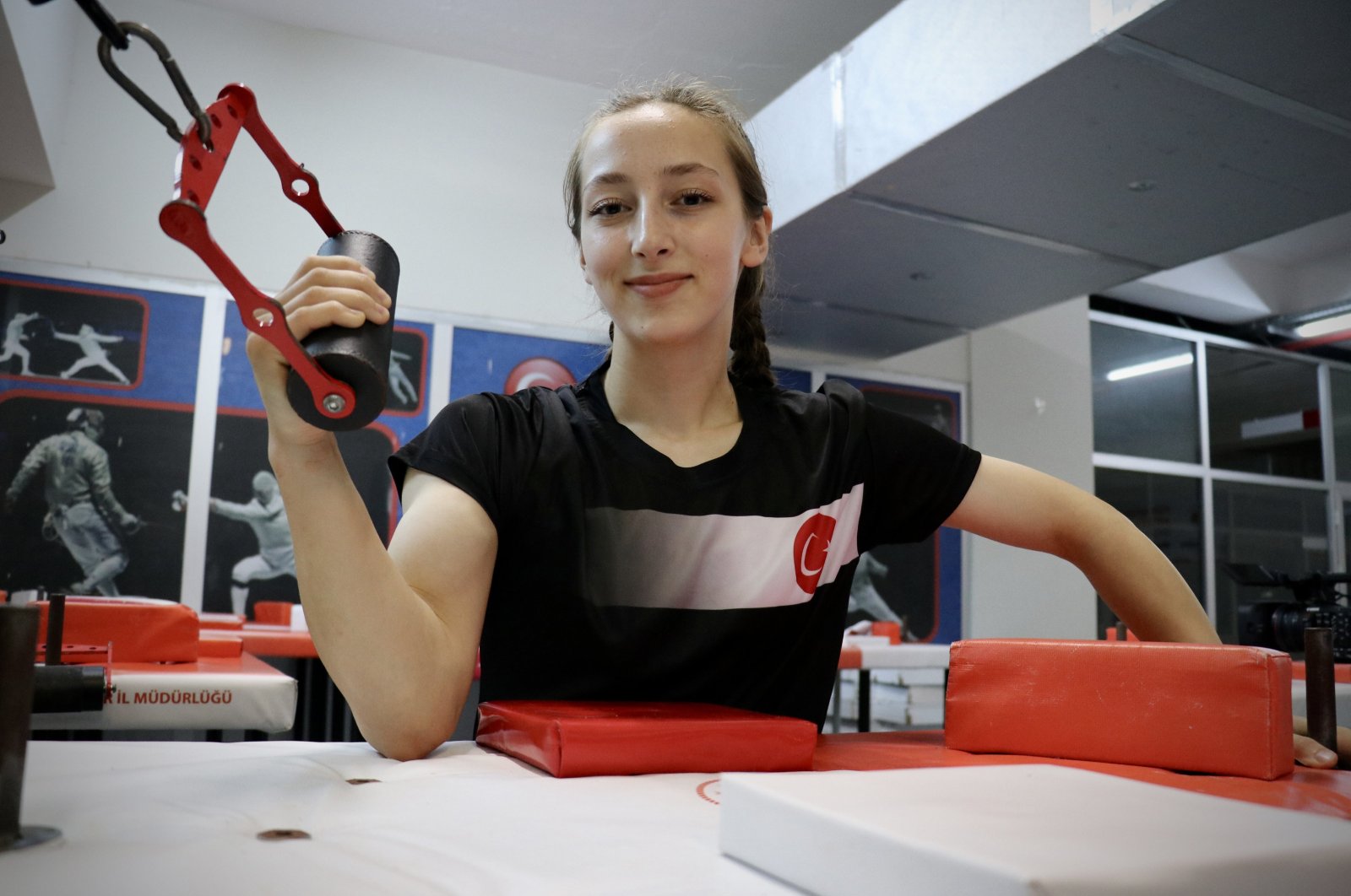 Turkish arm wrestler Emine Hatun Cebeci trains ahead of the Moldova World Arm Wrestling Championships, Istanbul, Türkiye, Aug. 11, 2024. (AA Photo)