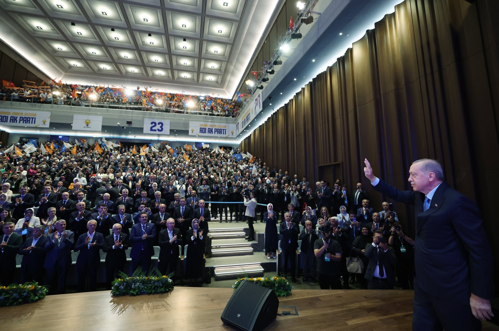 President Recep Tayyip Erdoğan greets the audience at the AK Party anniversary event in the capital Ankara, Türkiye, Aug. 14, 2024. (AA Photo)