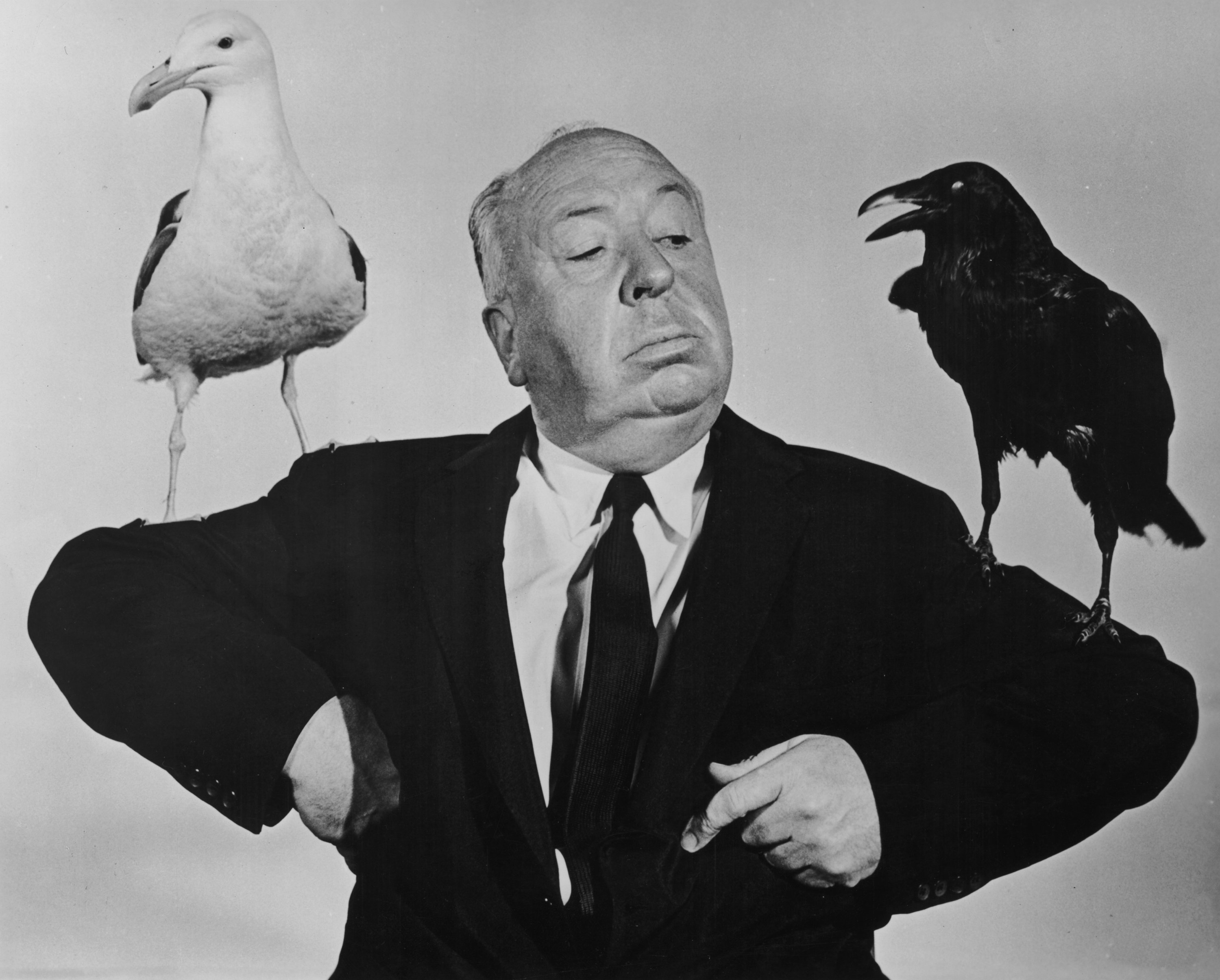 British film director Alfred Hitchcock poses with a seagull and a raven perched on either arm in a promotional still for his film, 