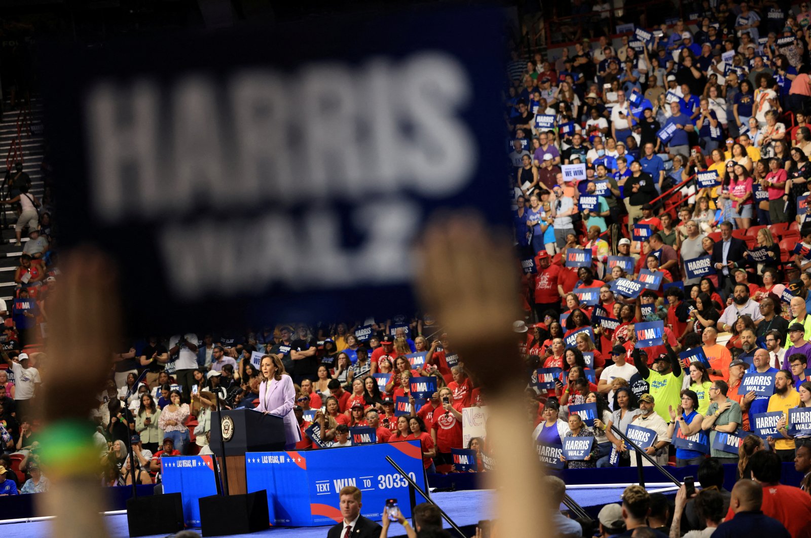 Democratic presidential candidate and U.S. Vice President Kamala Harris speaks at a campaign event at the University of Nevada, Las Vegas campus, Las Vegas, Nevada, U.S., Aug. 10, 2024. (Reuters Photo)