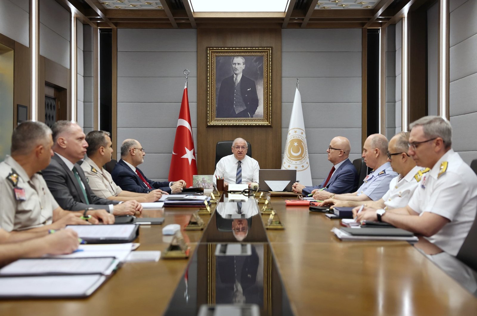 Defense Minister Yaşar Güler (C) holds a videoconference with commanders of the Turkish Armed Forces (TSK), Ankara, Türkiye, Aug. 5, 2024. (AA Photo)