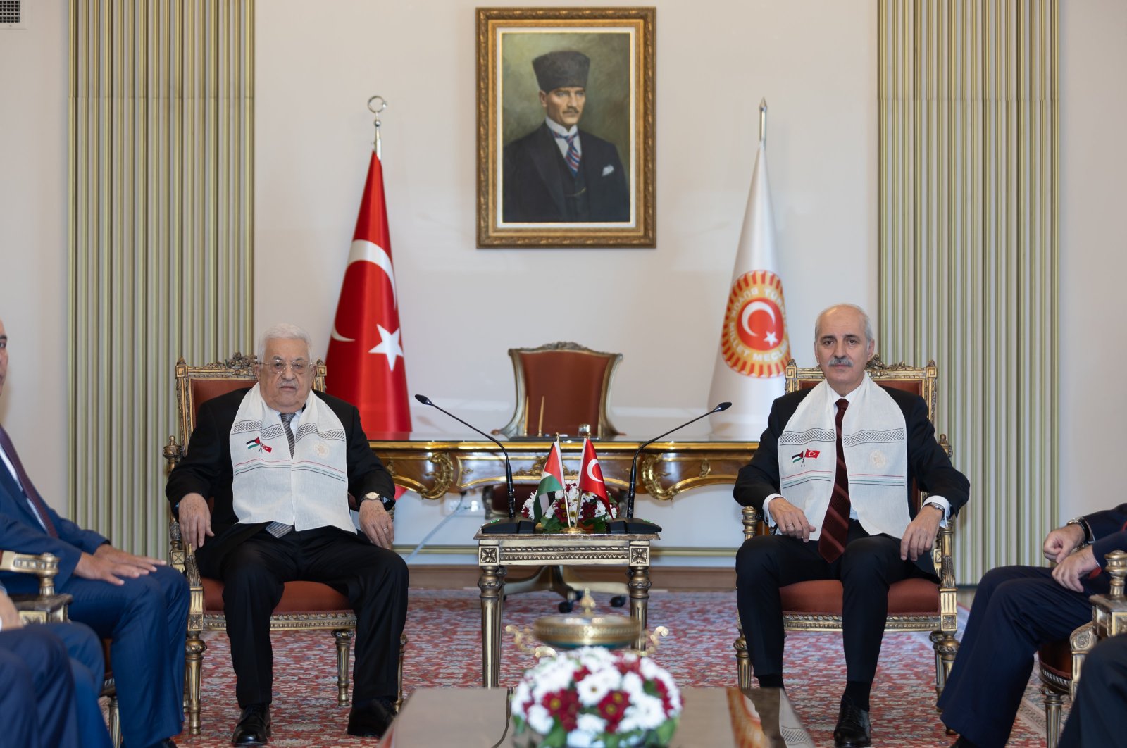 Palestinian President Mahmoud Abbas met Parliamentary Speaker Numan Kurtulmuş at the parliament, in the capital Ankara, Türkiye, August 15, 2024. (AA Photo) 