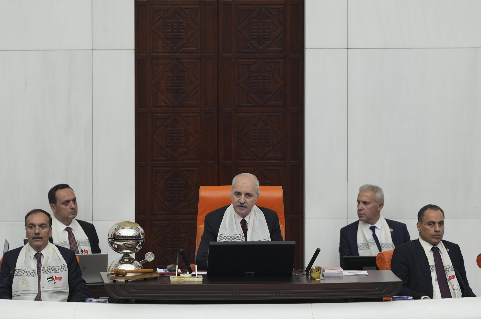 Parliament Speaker Numan Kurtulmuş chairs a session in which Palestinian President Mahmoud Abbas addresses the parliament in Ankara, Aug. 15, 2024. (AA Photo)