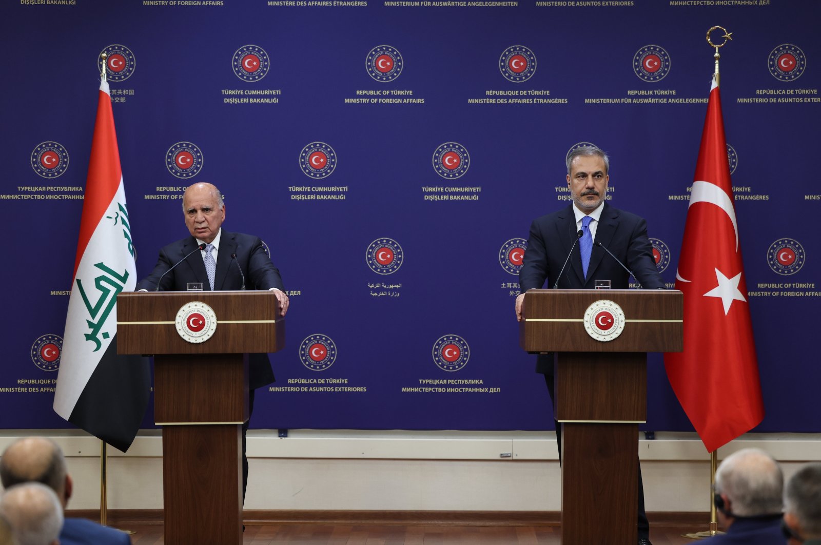 Foreign Minister Hakan Fidan and Iraqi counterpart Fuad Hussein speak at a joint news conference, Ankara, Türkiye, Aug. 15, 2024. (AA Photo)