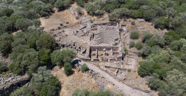 An aerial view provided by a drone shot shows the 2,200-year-old agora, or city square, in the ancient city of Aigai, Manisa, western Türkiye, Aug. 16, 2024. (DHA Photo)
