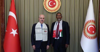 Parliament Speaker Numan Kurtulmuş and Nkosi Zwelivelile Mandela, a member of the South African parliament in Ankara, Aug. 16, 2024. (AA Photo)