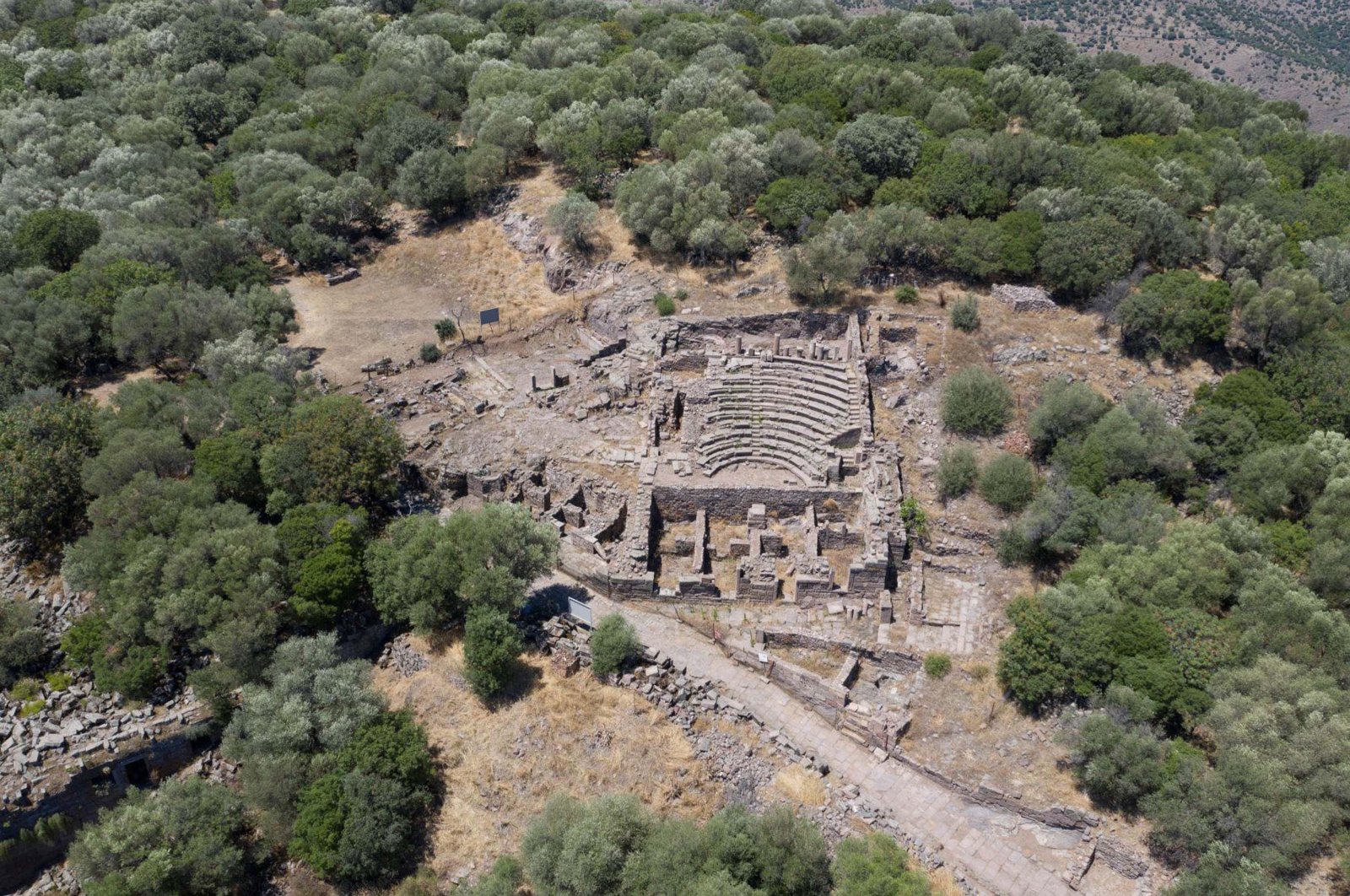 An aerial view provided by a drone shot shows the 2,200-year-old agora, or city square, in the ancient city of Aigai, Manisa, western Türkiye, Aug. 16, 2024. (DHA Photo)