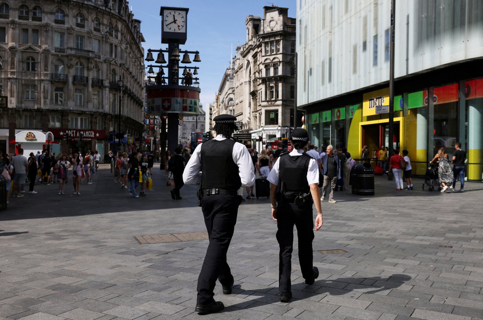 Police officers patrol at Leicester Square, London, U.K., Aug. 13, 2024. (Reuters Photo)