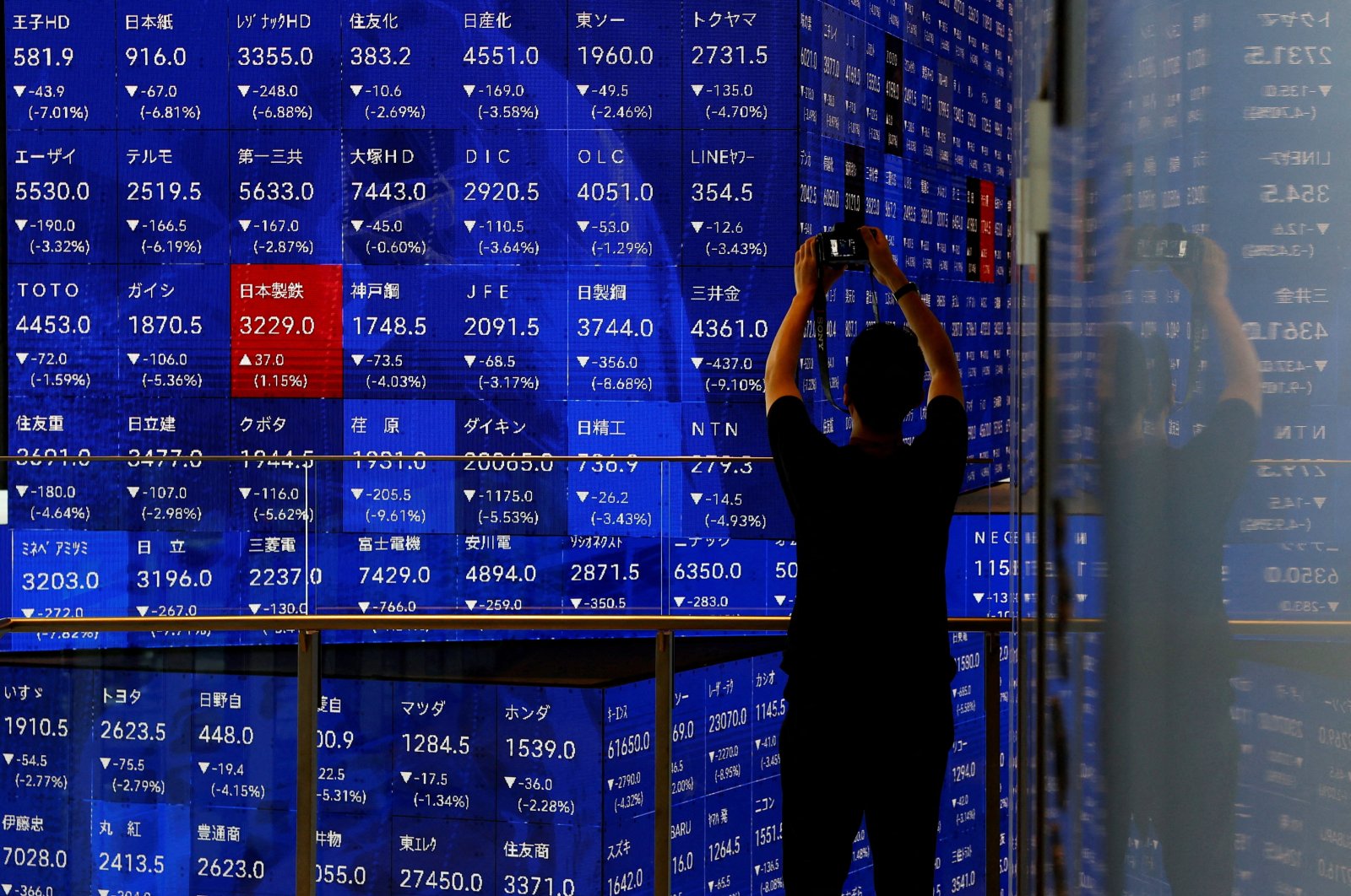 A man takes a photo next to an electronic stock quotation board inside a building in Tokyo, Japan Aug. 2, 2024. (Reuters Photo)