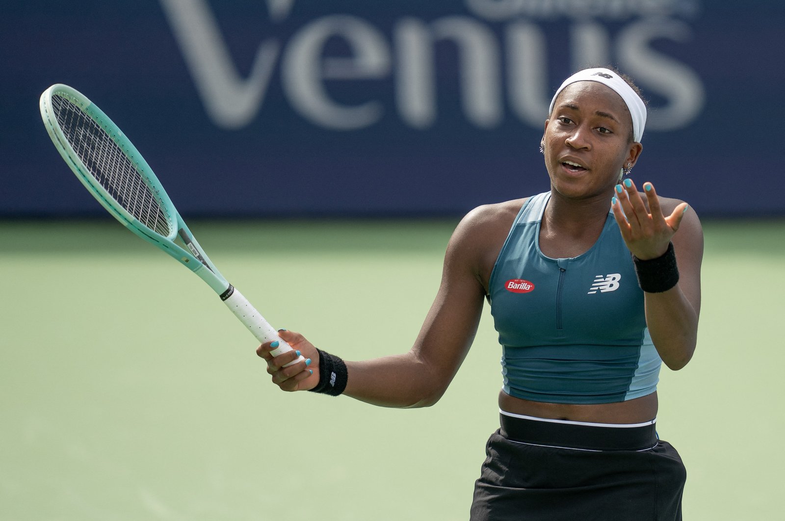 U.S.&#039;s Coco Gauff reacts during a match against Kazakhstani Yulia Putintseva on day four of the Cincinnati Open, Cincinnati, U.S., Aug. 15, 2024. (Reuters Photo)