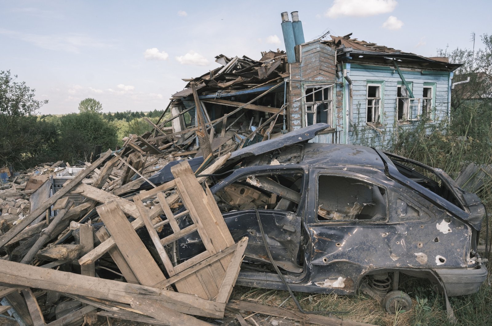 Damage caused by shelling at a village not far from the Ukraine-Russian border in the Kursk direction of the Sumy region, Ukraine, Aug. 16, 2024. (EPA Photo)