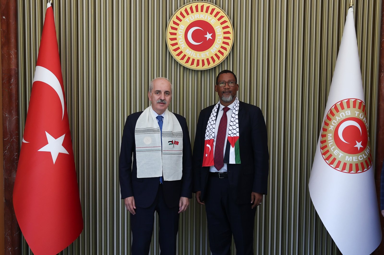 Parliament Speaker Numan Kurtulmuş and Nkosi Zwelivelile Mandela, a member of the South African parliament in Ankara, Aug. 16, 2024. (AA Photo)