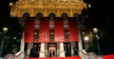 The red carpet area in front of Bosnia-Herzegovina&#039;s National Theater in Sarajevo is ready for the opening night of the 30th Sarajevo Film Festival, Sarajevo, Bosnia-Herzegovina, Aug. 16, 2024. (AFP Photo)