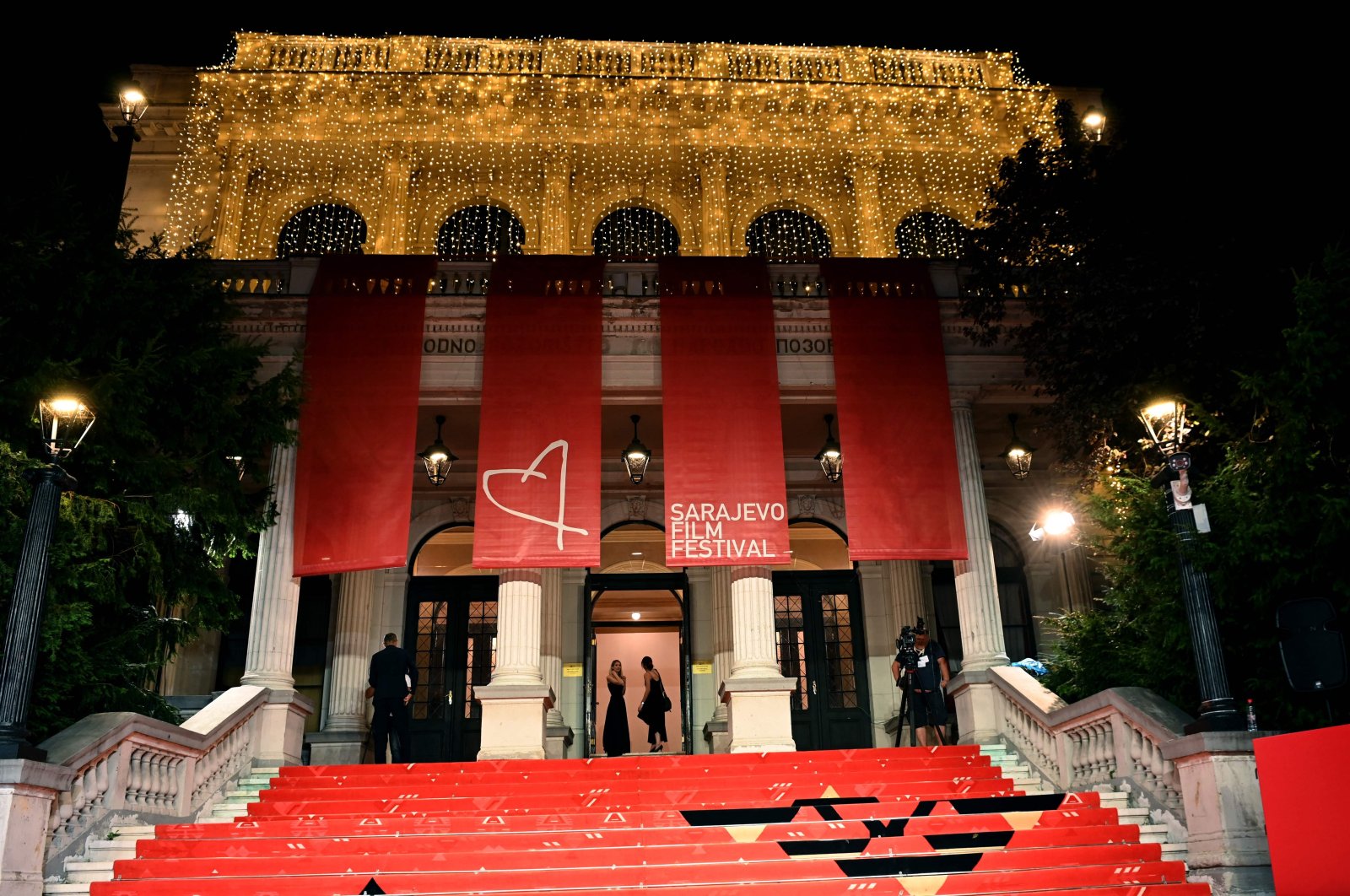 The red carpet area in front of Bosnia-Herzegovina&#039;s National Theater in Sarajevo is ready for the opening night of the 30th Sarajevo Film Festival, Sarajevo, Bosnia-Herzegovina, Aug. 16, 2024. (AFP Photo)