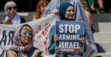 Pro-Palestine protesters participate in the "Not Another Bomb" rally outside the Georgia State Capitol in Atlanta, Georgia, U.S., Aug. 18, 2024. (EPA Photo)