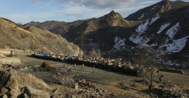 Azerbaijani tanks are parked after the transfer of the Kalbajar region to Baku&#039;s control, Azerbaijan, Dec. 2, 2020. (AP Photo)