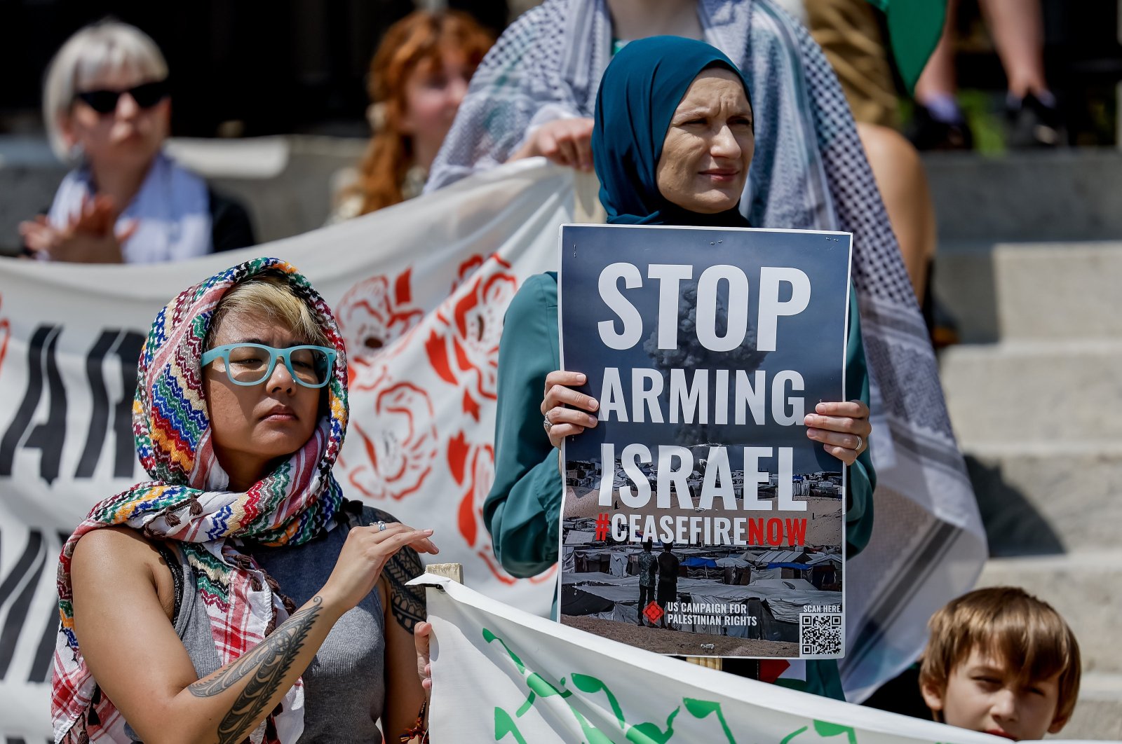 Pro-Palestine protesters participate in the &quot;Not Another Bomb&quot; rally outside the Georgia State Capitol in Atlanta, Georgia, U.S., Aug. 18, 2024. (EPA Photo)