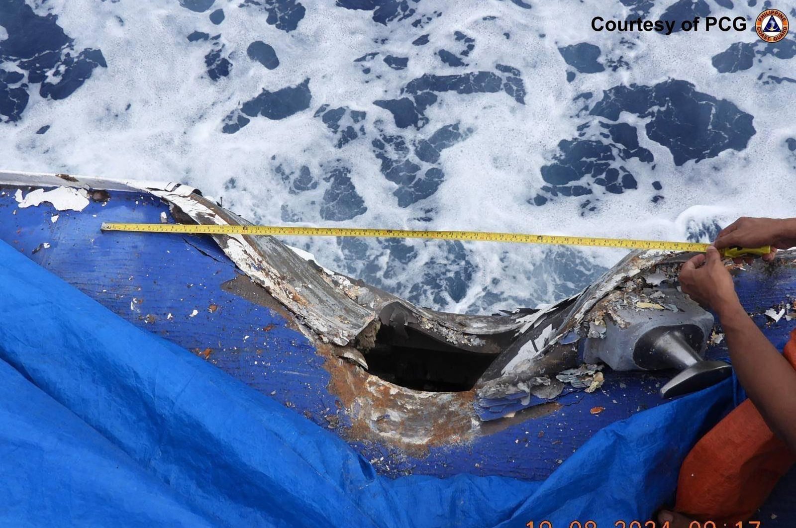 The damage to the BRP Cape Engano after a collision with a Chinese vessel near Sabina Shoal, South China Sea, Aug. 19, 2024. (AFP Photos)